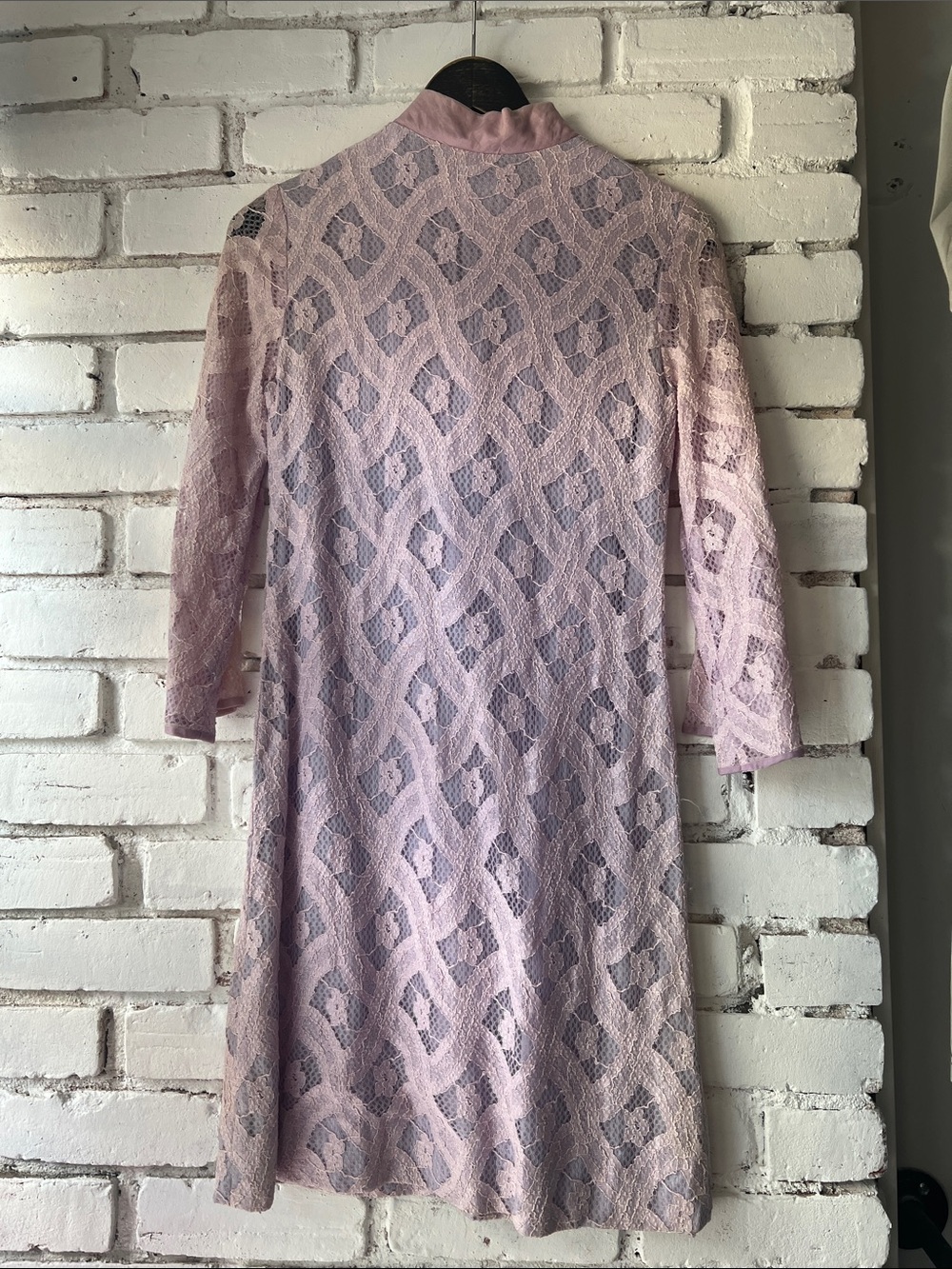 Vintage hand made Lace Midi Dress in Light Pink 3/4 sleeve sheer with lining